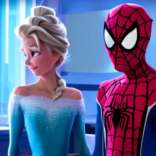 Image similar to spiderman and pregnant princess elsa talking in the kitchen, into the spiderverse cinematic render, ( 2 0 1 8 ) sony animation official media, clear details, award winning, blue gown, third trimester