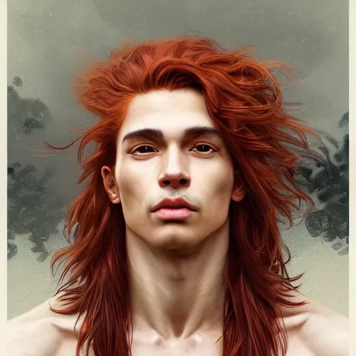 Image similar to portrait of a tiger with a humanoid face, male, handsome, masculine, full body, red hair, long hair, soft hair, fantasy, intricate, elegant, highly detailed, suit, coffee shop, digital painting, artstation, concept art, character art, smooth, sharp focus, illustration, art by artgerm and greg rutkowski and alphonse mucha