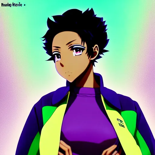 Image similar to anime poster film still portrait, young black woman, black black black woman, purple colored eyes, purple colored eyes, white french bob, green colored bomber jacket, detailed facial features, dynamic pose,, rimlight, cel shaded, 4 k