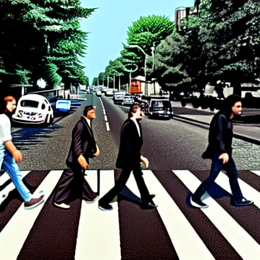 Image similar to 4 men walking on crosswalk on abbey road, city, digital art, 8 k.