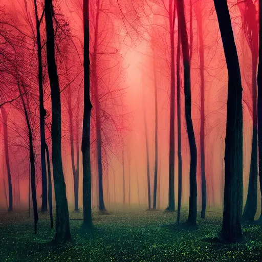 Image similar to old forest with glowing trees and glitter dust in cosmic color fog