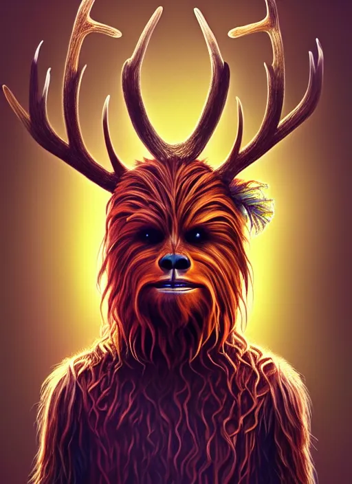 Prompt: symmetry!! portrait of chewbacca as antlered deer wearing a colorful scarf!, intricate, elegant, highly detailed, digital painting, artstation, concept art, smooth, sharp focus, illustration, art by artgerm and greg rutkowski and alphonse mucha, 8 k