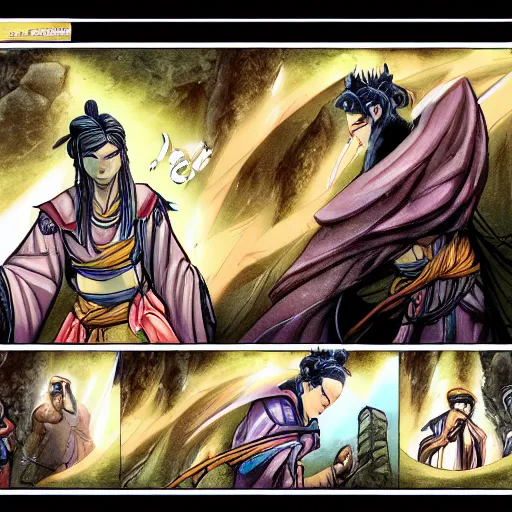 Image similar to xianxia comic book page, detailed, full color