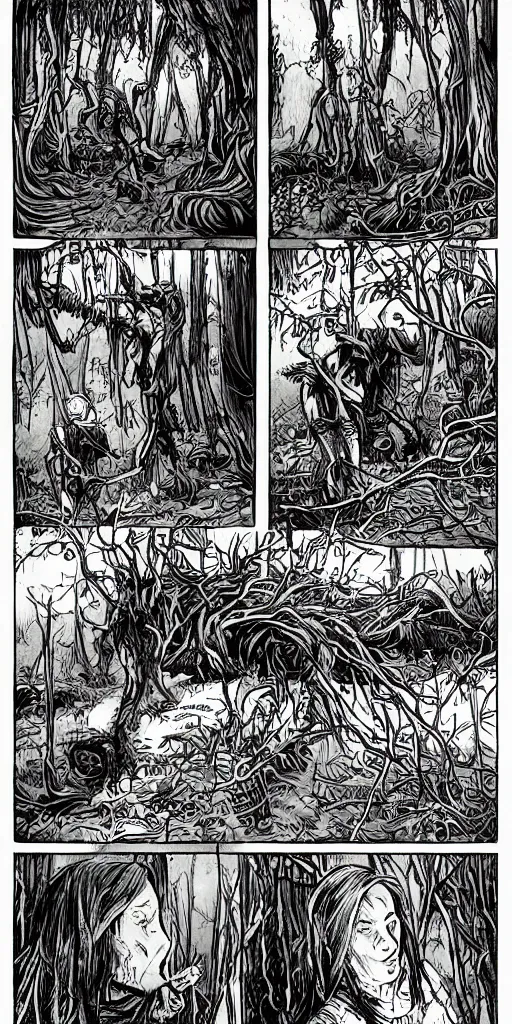 Image similar to multi - panel page from a highly detailed horror comic. swamp. woman. creature. terror. ink.