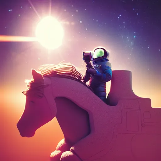 Prompt: photography of animal horse riding on top of an human astronaut. from western by hiroyuki okiura and katsuhiro otomo and alejandro hodorovski style with many details by mike winkelmann and vincent di fate in sci - fi style. volumetric natural light photo on dsmc 3 system,