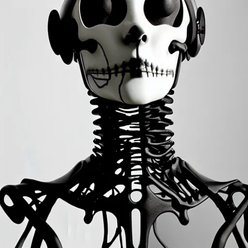 Image similar to black and white dreamy foggy smoky profile face portrait, single skeletal biomechanical beautiful young female cyclops - cyborg - robot bust, body ribs meshes,, volumetric light, rim light, by dora maar and cecile beaton, big gothic fashion pearl embroidered collar, 8 k