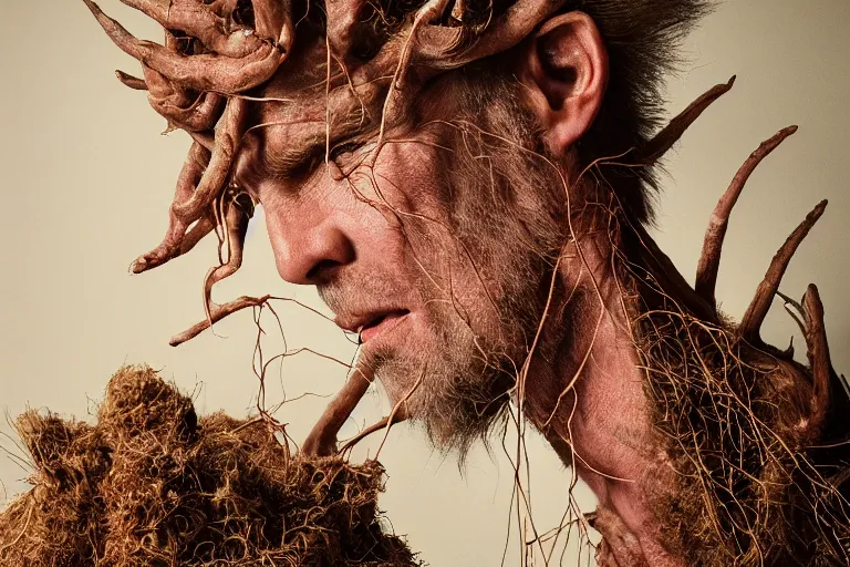 Prompt: portrait of Danny DeVity, wearing hay coat, with horns, visible muscles and veins and arteries and bones and spines and nerves, flowers growing out of his body, beautiful detailed intricate insanely detailed octane render, 8k artistic photography, photorealistic, chiaroscuro, by David Cronenberg, Raphael, Caravaggio