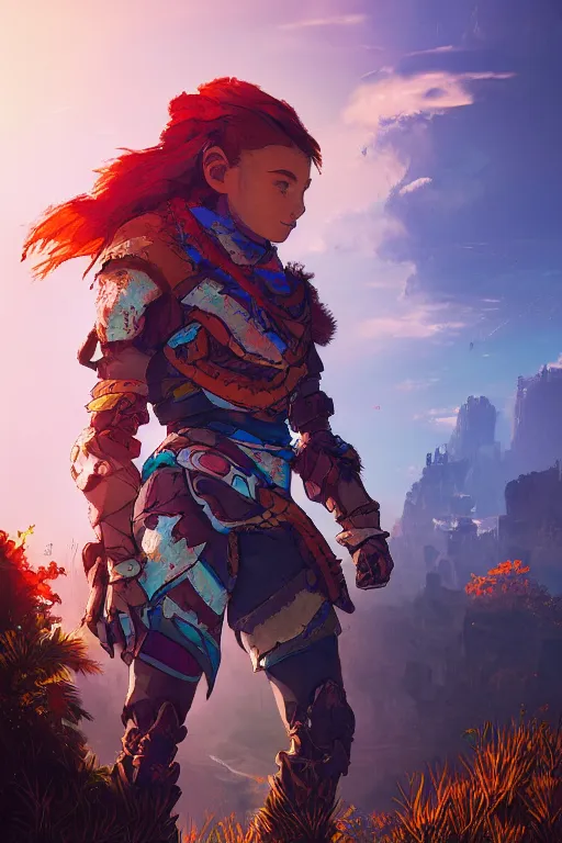 Image similar to combination suit armor aloy horizon forbidden west horizon zero dawn radiating a glowing aura global illumination ray tracing hdr fanart arstation by ian pesty and alena aenami artworks in 4 k tribal robot ninja mask helmet backpack