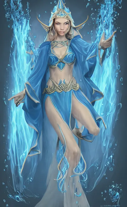 Image similar to elf female sorcerer doing water magic spells, blue robes, exquisite details, full body character design on a white background, by studio muti