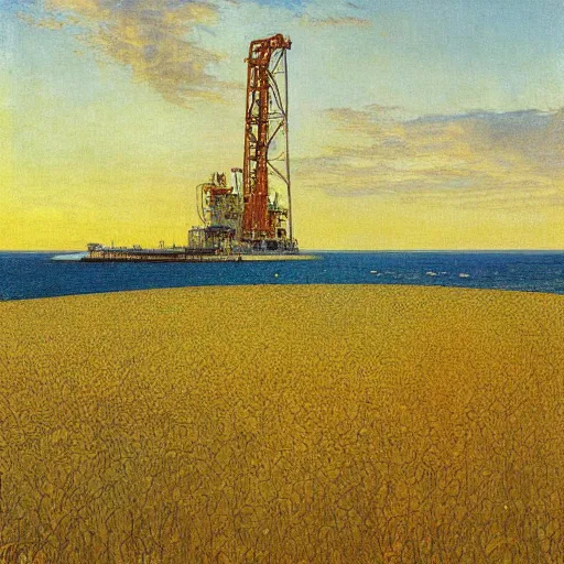 Image similar to A beautiful painting of an offshore oil rig, standing in a golden wheat field, fine art, painted by carl larsson and alphonse mucha, art deco