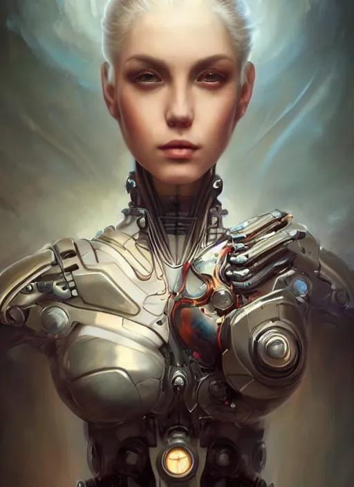 Image similar to a beautiful woman with cybernetic muscles, painted by artgerm and tom bagshaw, fantasy art, dramatic lighting, highly detailed oil painting