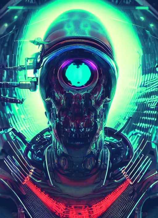 Image similar to a futuristic skull with glowing eyes and a wormhole tunnel, cyberpunk art by android jones, behance contest winner, computer art, darksynth, synthwave, rendered in cinema 4 d