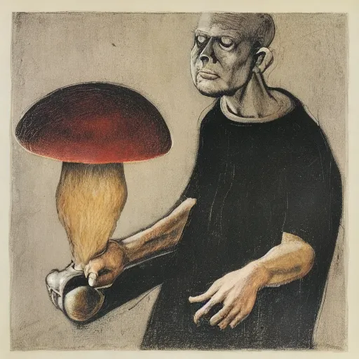 Image similar to man fungal ears Mushroom Cretin the Hermit camouflaged as a toadstool wearing a black shirt odd nerdrum robert rauschenberg nelson shanks giorgio de chirico