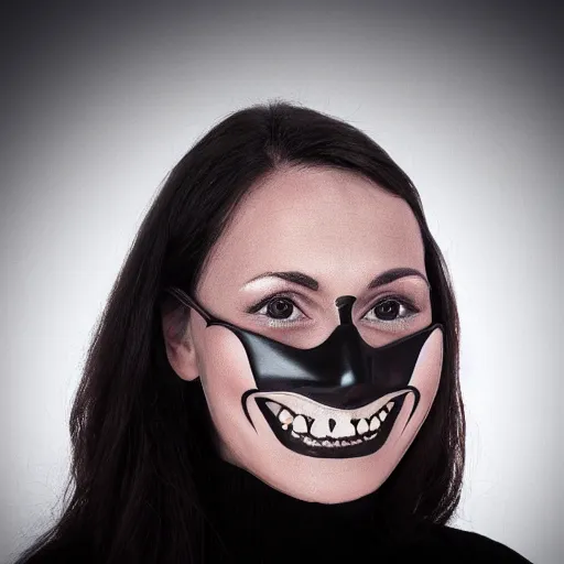 Prompt: dark eerie woman holding a realistic mask partially covering her wicked grin