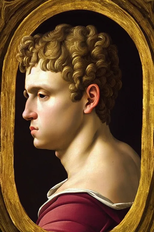 Image similar to renaissance painting of man, short blonde hair, thoughtful face, emotions closeup, dressed in roman armour, the beautiful garden with olive leaves, ultra detailed, art by Guido Reni style, Vincenzo Catena style