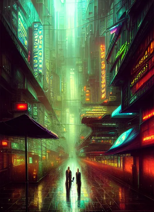 Image similar to rainy night in a cyberpunk city, neon lights, intricate, elegant, highly detailed, centered, digital painting, artstation, concept art, smooth, sharp focus, illustration, artgerm, tomasz alen kopera, peter mohrbacher, donato giancola, joseph christian leyendecker, wlop, boris vallejo