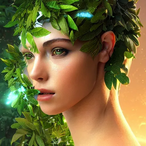 Image similar to a highly detailed digital image of a futuristic beautiful woman elegantly wrapped with green lush leaves, by Andrea Chiampo, artstation and Frederik Heyman, extremely detailed woman, stunning volumetric lighting, hyper realism, fantasy 4k