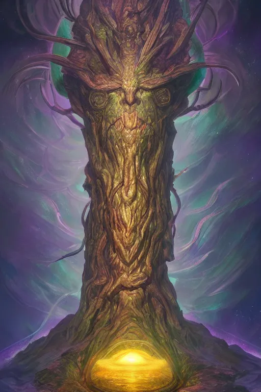 Image similar to yggdrasil as an enormous sentient deity of the stars made of exotic matter resides inside null space, a dnd illustration of an esoteric concept by cgsociety and james gurney, artstation, hdr, rtx, iridescent