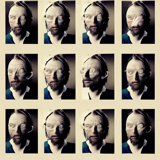 Image similar to collages, hyper realistic, many variations portrait of very old thom yorke, face variations, singer songwriter, ( side ) profile, various ages, macro lens, liminal space, by lee bermejo, alphonse mucha and greg rutkowski, greybeard, smooth face, cheekbones