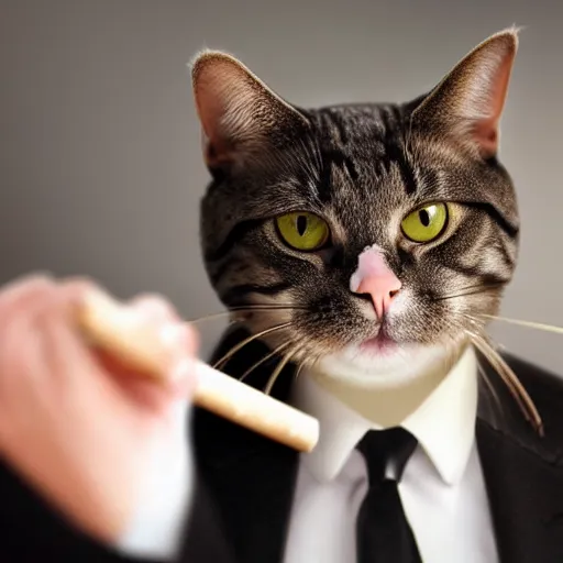 Image similar to a high detail closeup shot of a cat wearing a suit and smoking a cigar