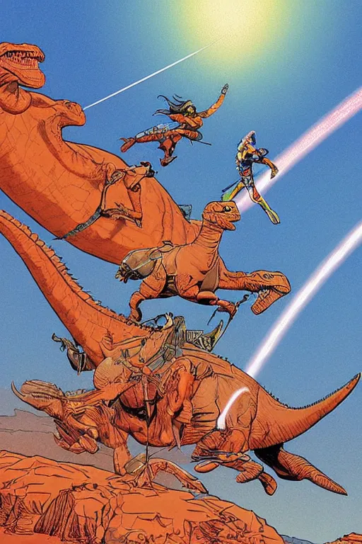 Image similar to beautiful amazons riding dinosaurs on mars against a backdrop of canyons, mercury rainbows in the sky and space fighters shooting, artwork by jean giraud