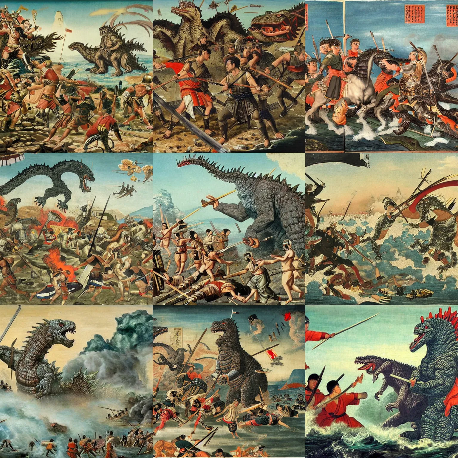 Prompt: historical painting depicting the romans fighting against godzilla in ancient japan, realistic, high definition, detailed, clean, simple