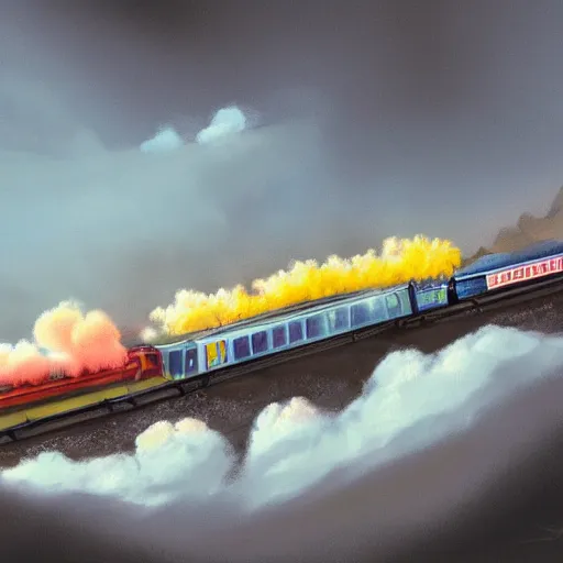 Image similar to train billowing smoke as it goes over a mountain, concept art, illustrated, highly detailed, high quality, bright colors, optimistic,