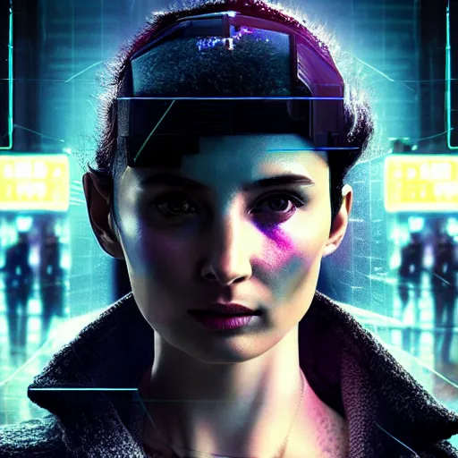 Prompt: Stunning cinematic photograph Gal Godot is the cyberpunk woman in Neuromancer Molly Millions in Chiba City, highly detailed, promotional photo by Warner Bros