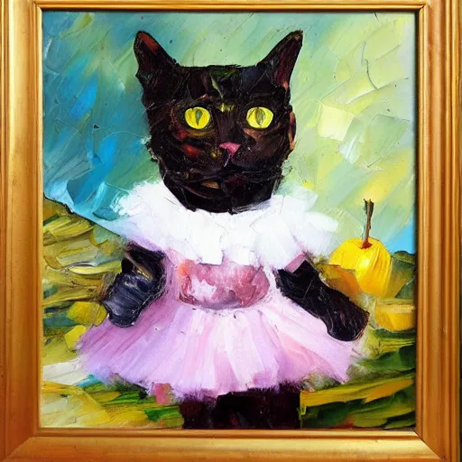 Image similar to palette knife oil painting of a cat wearing a gloves and a tutu, sitting on a mountain of fruit