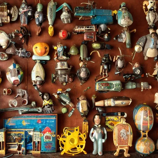 Prompt: A highly detailed photograph of a collection of antique toys