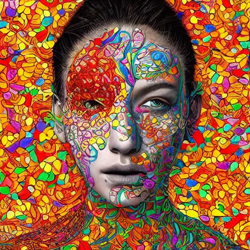 Image similar to the portrait of a beautiful young woman partially made up of peppers of all colors, an ultrafine detailed illustration by james jean, intricate linework, bright colors, final fantasy, behance contest winner, vanitas, angular, altermodern, unreal engine 5 highly rendered, global illumination, radiant light, detailed and intricate environment