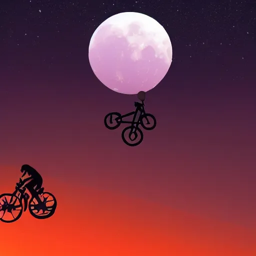 Prompt: a silhouette of an alien making a big jump with bike with a basket in front of it, flying, a silhouette of trees and big grass, big shiny moon on the background at night, artstation, behance - n 6