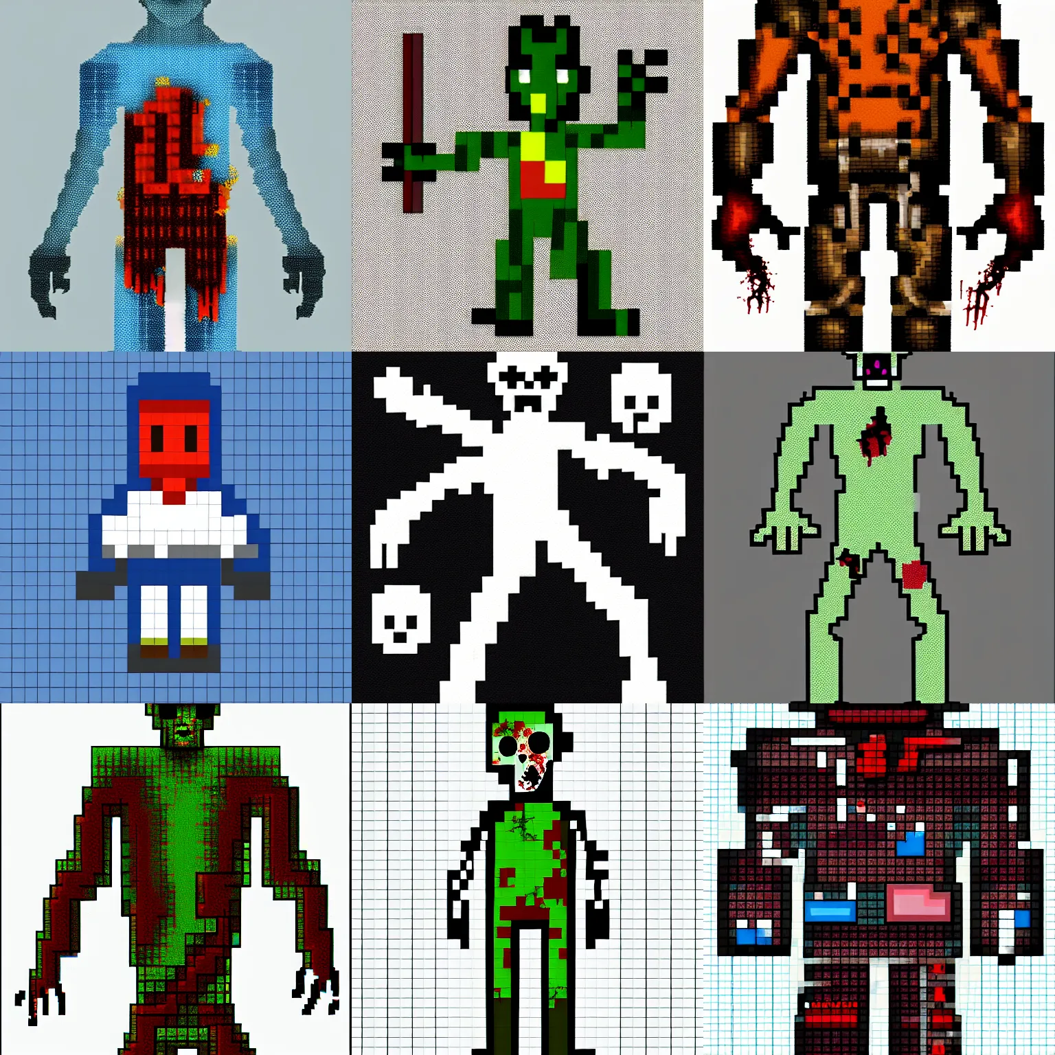 Prompt: a zombie, blueprint, pixel art, full body, centered, very detailed, hi res, white background