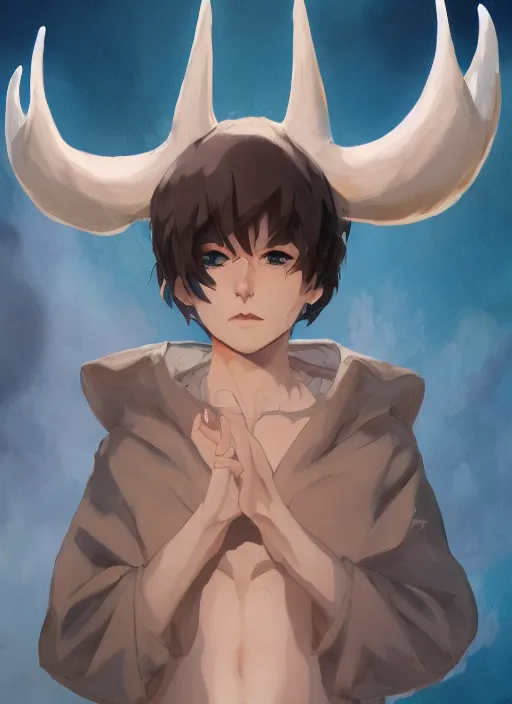 Image similar to concept art painting of a person with brown skin and short white hair, demon horns, white freckles, full clothing, blue clothes, blue robes, detailed, cel shaded, in the style of ruan jia and artgerm and makoto shinkai and james gurney