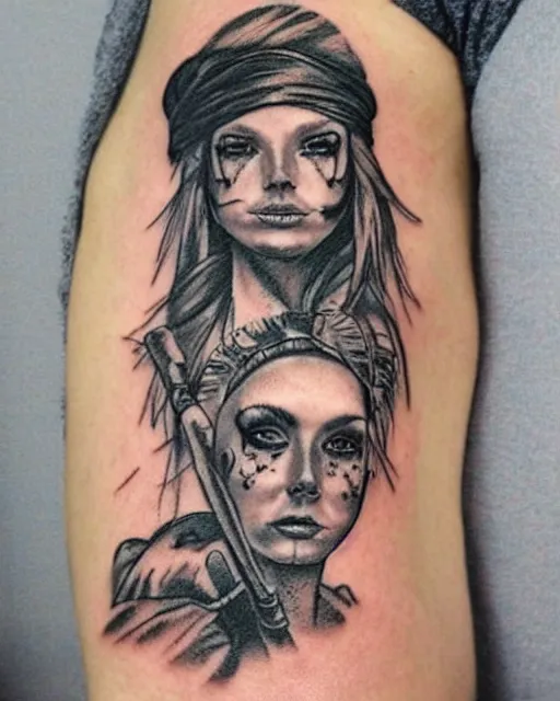 Prompt: pirate ship on a deserted island blended with a woman warrior face, realism tattoo drawing, hyper realistic, shaded
