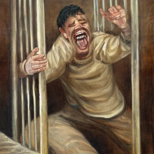 Image similar to a screaming prisoner holding prison bars, realism old painting