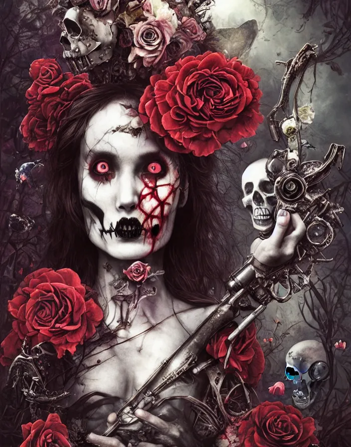 Image similar to Alice in Wonderland,roses, bullets, guns,death tarot card,highly detailed,half skull face,cinematic,8k,by Stanley Artgermm,Tom Bagshaw,Greg Rutkowski,Carne Griffiths, Ayami Kojima, Beksinski, Giger,trending on DeviantArt,hyper detailed,horror, full of colour