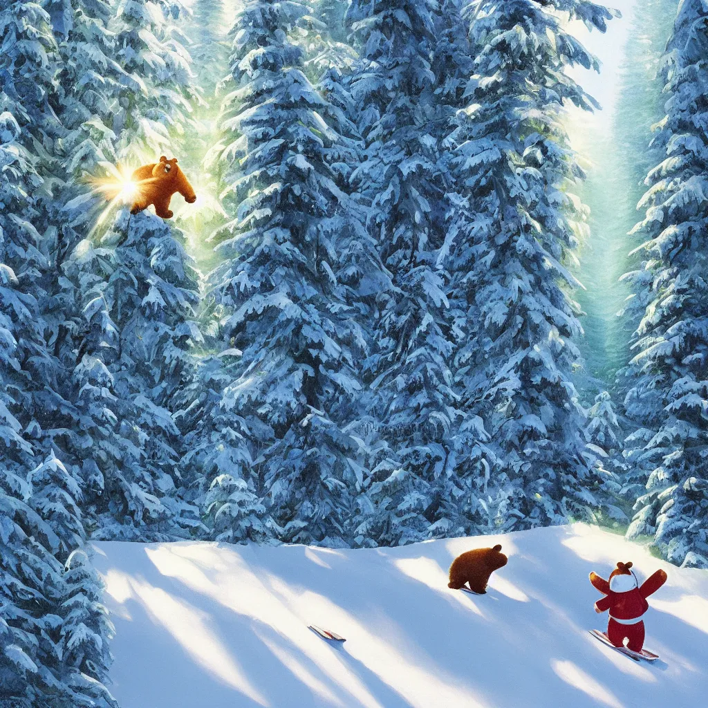 Prompt: a bear skiing down hill through a forest. the bear is a cute humanoid fluffy cub, light rays are shining through the trees above, beautiful light. trending on artstation 4 k award in winning artwork. vivid colors. detailed painting. kids book illustration.