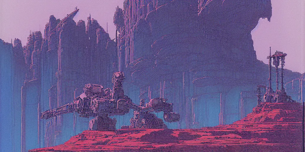 Image similar to grainy risograph matte painting of gigantic huge mech with huge swords, pastel matte colors, staying in the toxic blue canyon, by moebius, hyperrealism, intricate detailed