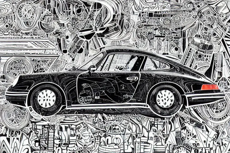 Image similar to a black and white drawing of a porsche 9 1 1, a detailed mixed media collage by hiroki tsukuda and eduardo paolozzi and moebius, intricate linework, sketchbook psychedelic doodle comic drawing, geometric, street art, polycount, deconstructivism, matte drawing, academic art, constructivism