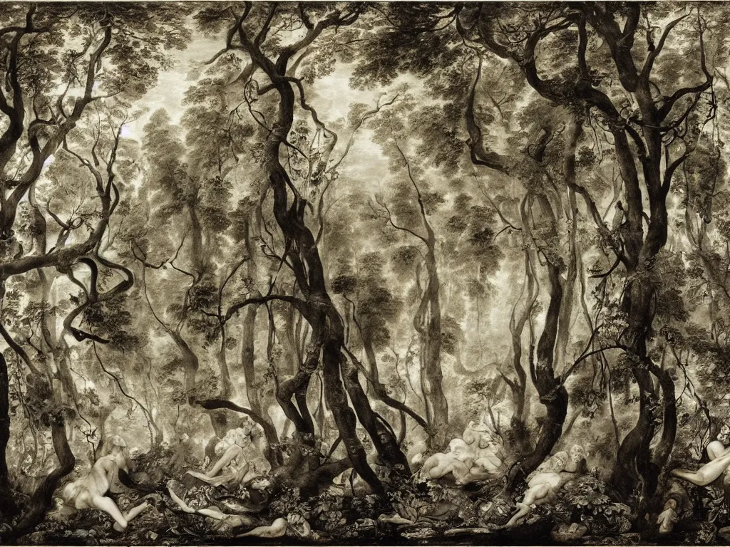 Image similar to forest, by anthony van dyck, artstation, by aubrey beardsley, by ben enwonwu, by caspar david friedrich, by ivan shishkin, calligraphy, divine, paradox, array, translucent, lace, mycelium, as symbol of soul journey, hope, wilderness