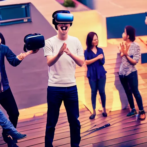 Image similar to anime Mark Zuckerberg smiling dancing with vr headset on while people cheer and cry, in rooftop bar, photo by Mann, detailed, 4k, beautiful