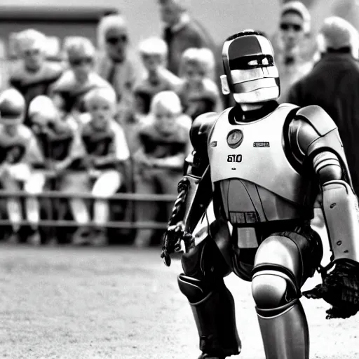 Prompt: award winning photograph of peter weller as robocop, yelling at little league game