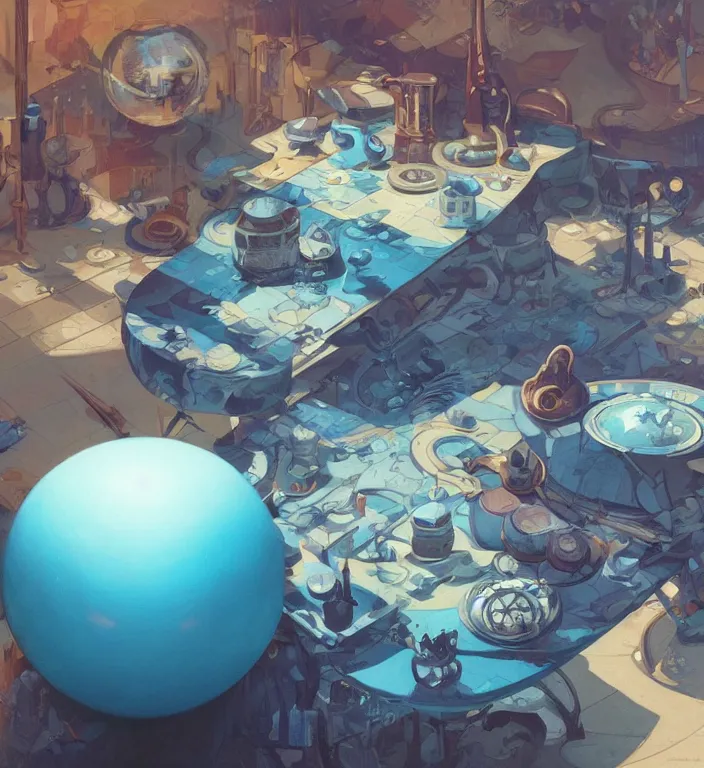 Prompt: a blue ball on a table, digital artwork by Peter Mohrbacher and Dan Mumford and Wlop