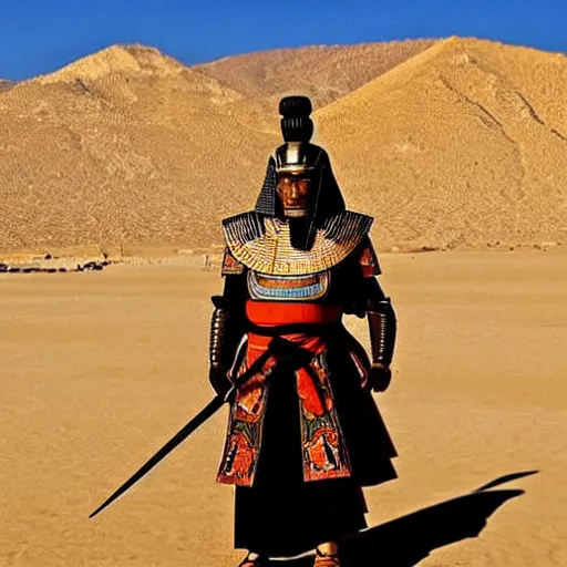 Prompt: egyptian samurai, katana, standing in desert