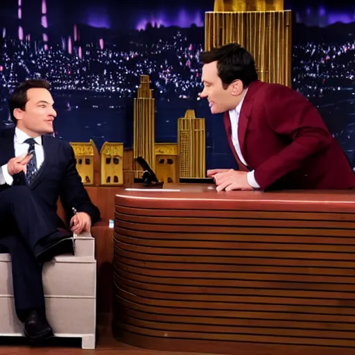 Image similar to cinematic shot of julius caesar being interviewed by jimmy fallon on an episode of the tonight show, 8 k, very detailed, very intricate,