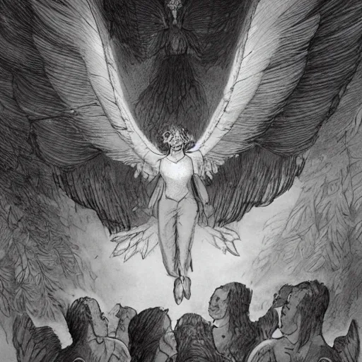 Prompt: A beautiful illustration of a winged creature, possibly an angel, flying high above a group of people in a dark, wooded area. The creature's wings are spread wide and its head is turned upwards, as if it is looking towards the sky. The people below are looking up at the creature with a mixture of awe and fear. by Keith Parkinson, by Carl Larsson evocative