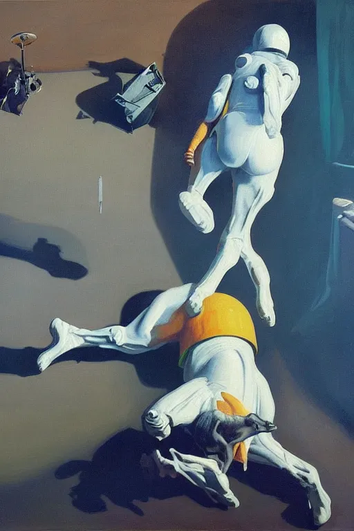 Image similar to astronaut on all fours on his back carries his son a foal, hauntingly surreal, highly detailed painting by francis bacon, edward hopper, adrian ghenie, gerhard richter, and james jean soft light 4 k,