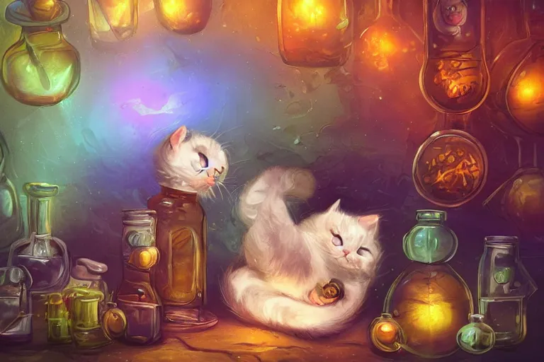 Image similar to adorable kitten curled up asleep amidst potion bottles, 8k resolution matte fantasy painting, warm lighting, bokeh, DeviantArt Artstation, by Lisa Ravenscroft and Ross Tran and Lisa Frank and Tony DiTerlizzi