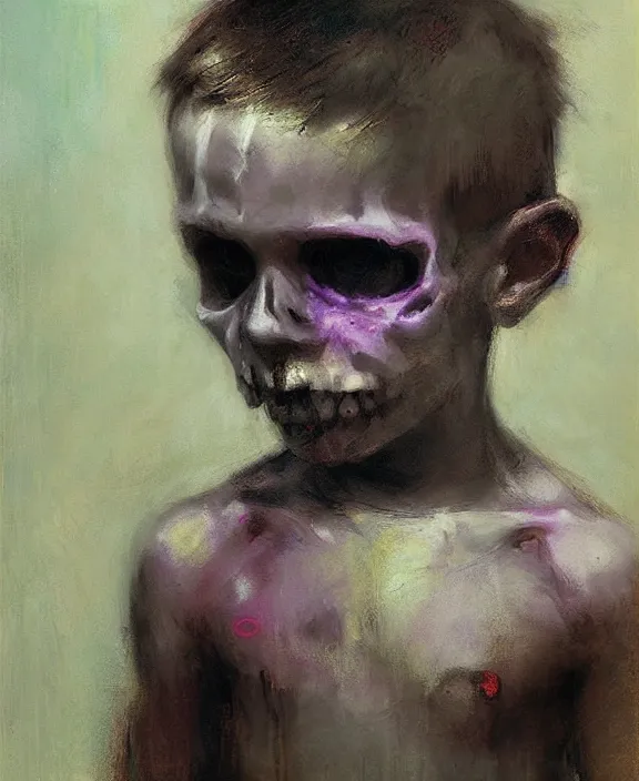 Prompt: a boy wearing a skull by jeremy mann, ultraviolet colors